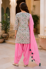 ERISHA i Hand Block Printed Cotton Farshi Salwar Suit Set – Pink 3 Piece Set
