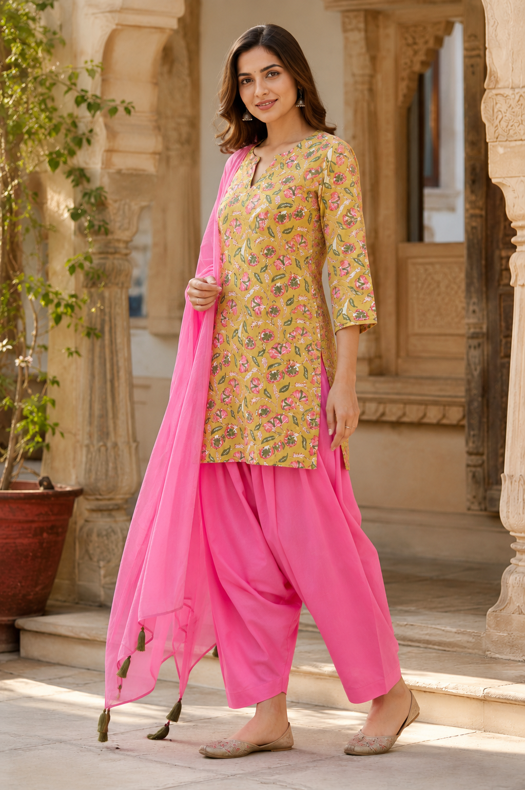 Ersiha Mustard Hand Block Printed Cotton Farshi Salwar Suit Set – 3 Piece