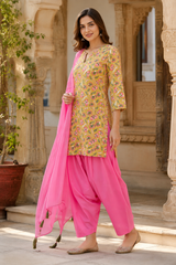 Ersiha Mustard Hand Block Printed Cotton Farshi Salwar Suit Set – 3 Piece