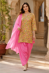 Ersiha Mustard Hand Block Printed Cotton Farshi Salwar Suit Set – 3 Piece