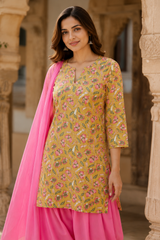 Ersiha Mustard Hand Block Printed Cotton Farshi Salwar Suit Set – 3 Piece