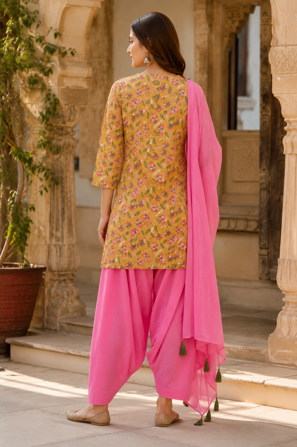 Ersiha Mustard Hand Block Printed Cotton Farshi Salwar Suit Set – 3 Piece