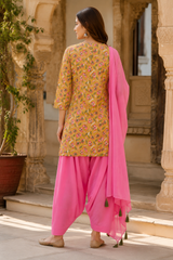 Ersiha Mustard Hand Block Printed Cotton Farshi Salwar Suit Set – 3 Piece