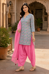 Hand Block Printed Cotton Farshi Salwar Suit Set – Pink 3 Piece Set