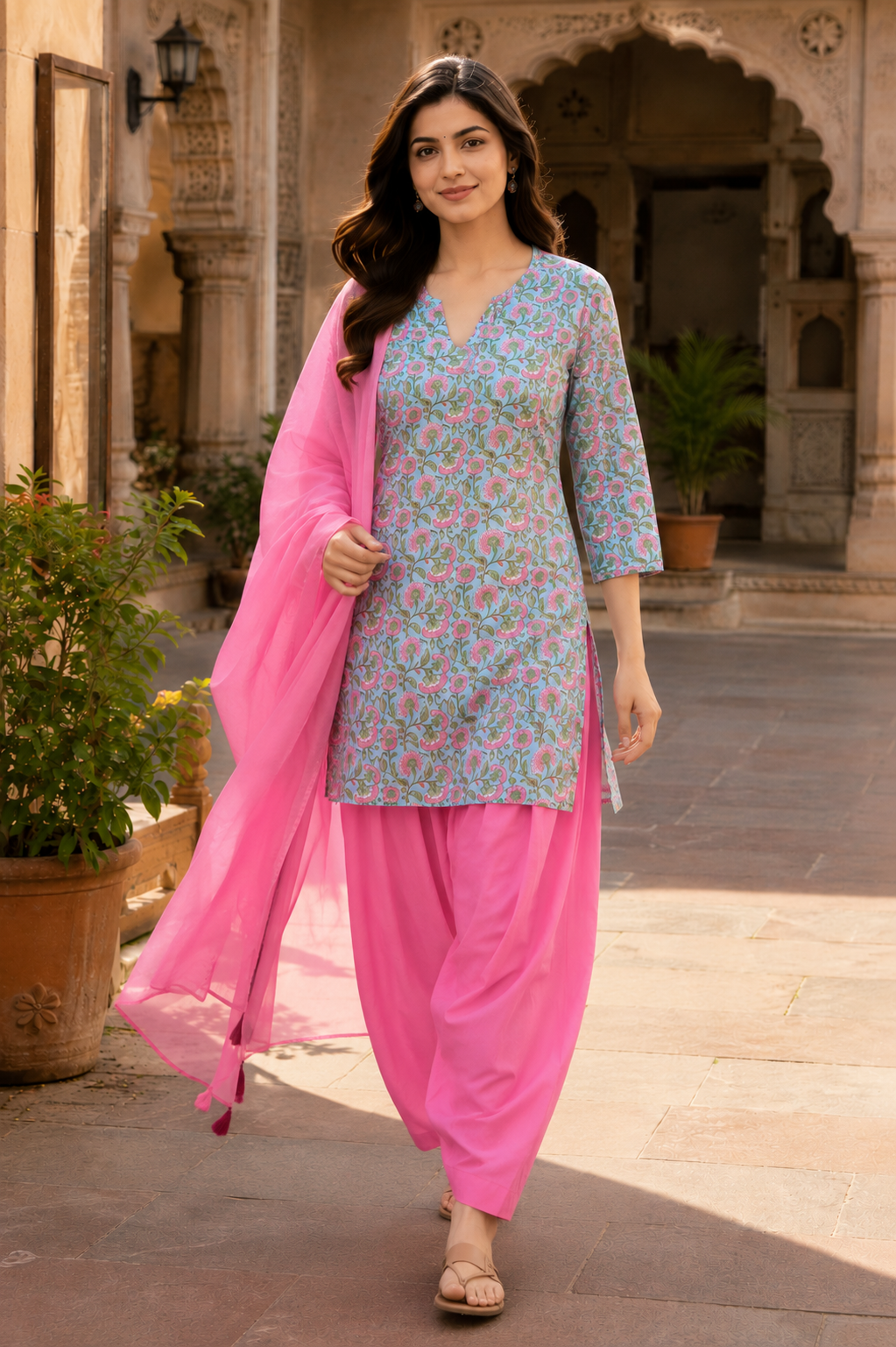 Hand Block Printed Cotton Farshi Salwar Suit Set – Pink 3 Piece Set