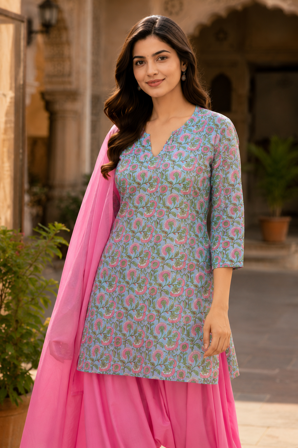 Hand Block Printed Cotton Farshi Salwar Suit Set – Pink 3 Piece Set