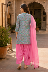 Hand Block Printed Cotton Farshi Salwar Suit Set – Pink 3 Piece Set