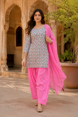 ERISHA  Pink Hand Block Printed Cotton Farshi Salwar Suit Set – 3 Piece