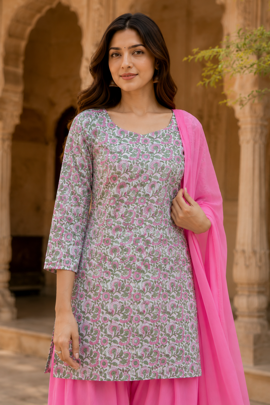 ERISHA  Pink Hand Block Printed Cotton Farshi Salwar Suit Set – 3 Piece
