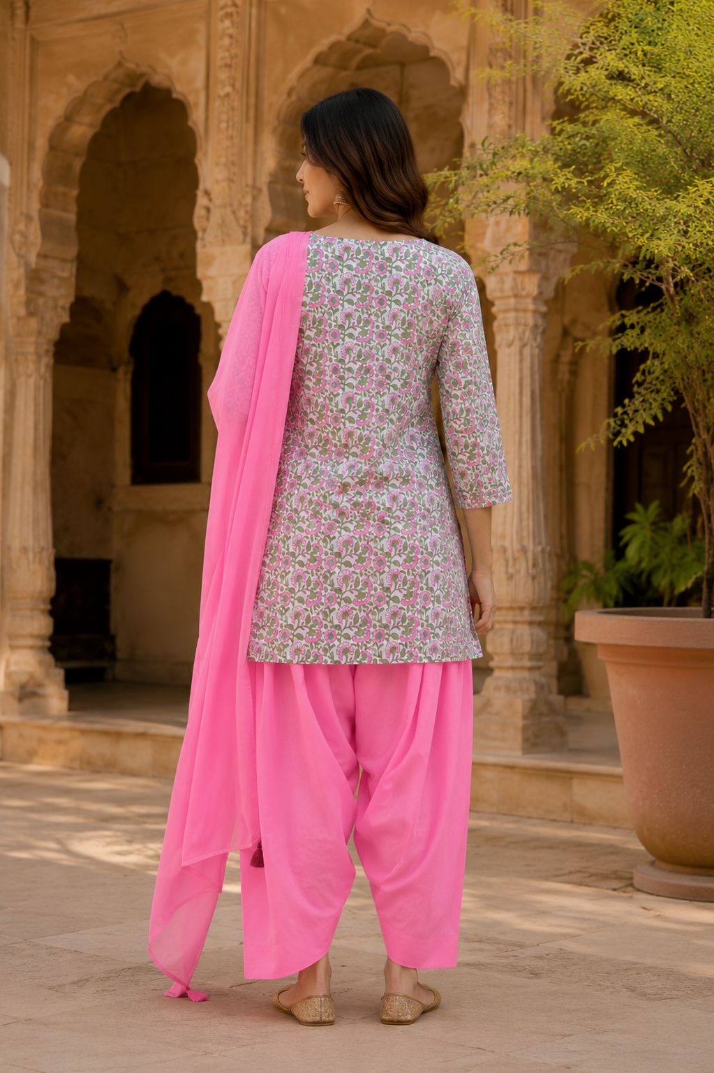 ERISHA  Pink Hand Block Printed Cotton Farshi Salwar Suit Set – 3 Piece