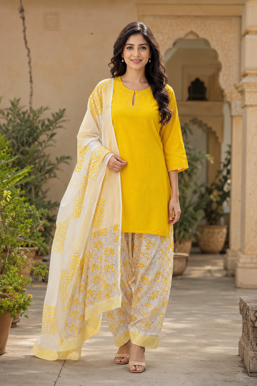 Sunshine Yellow Cotton Kurta Set with Printed Salwar & Dupatta – 3 Piece Ethnic Suit Set for Women