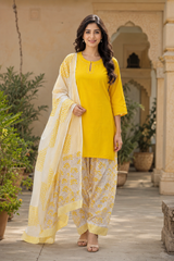 Sunshine Yellow Cotton Kurta Set with Printed Salwar & Dupatta – 3 Piece Ethnic Suit Set for Women