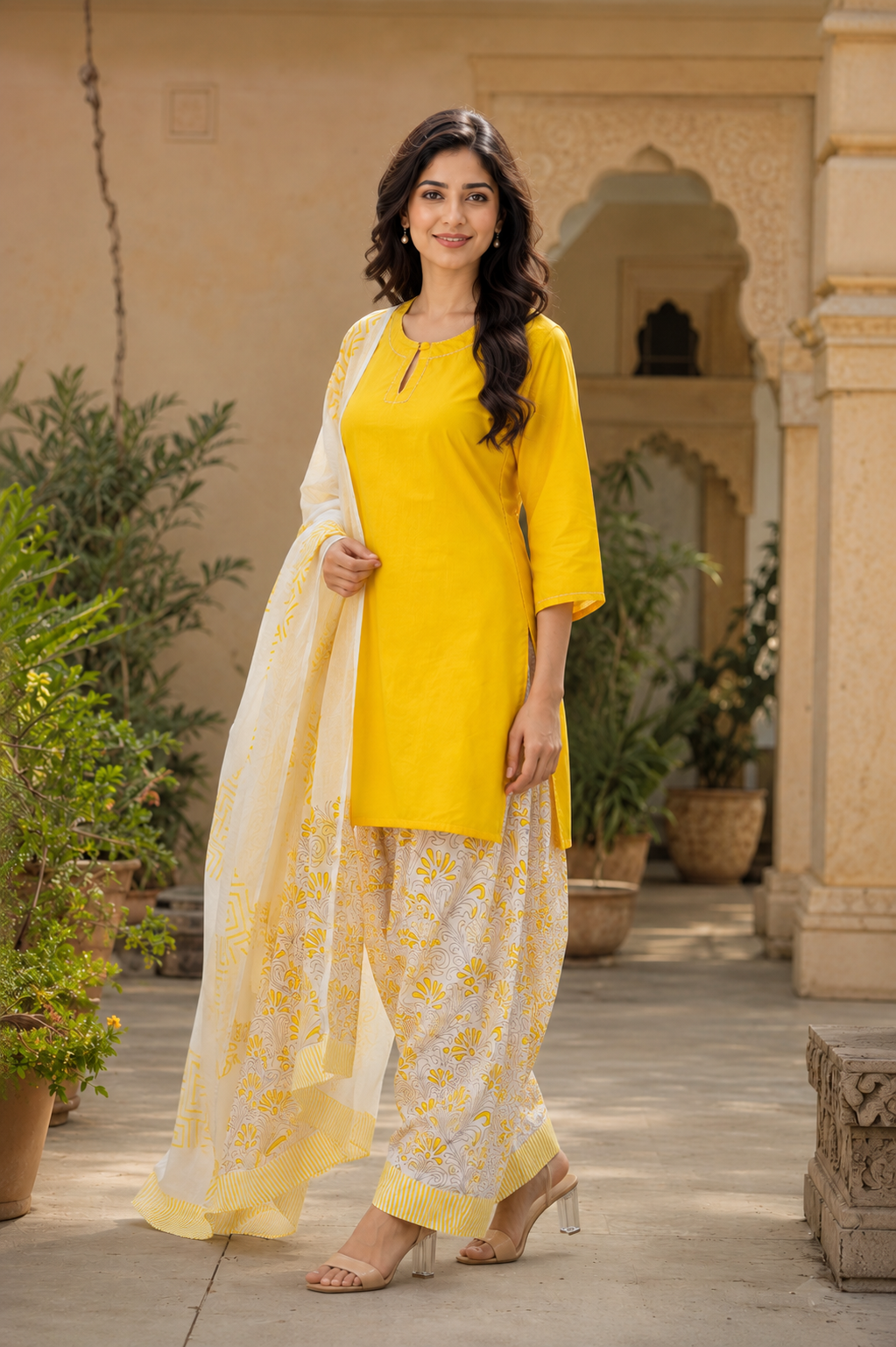 Sunshine Yellow Cotton Kurta Set with Printed Salwar & Dupatta – 3 Piece Ethnic Suit Set for Women