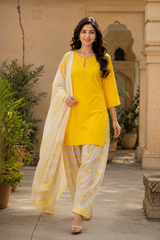Sunshine Yellow Cotton Kurta Set with Printed Salwar & Dupatta – 3 Piece Ethnic Suit Set for Women