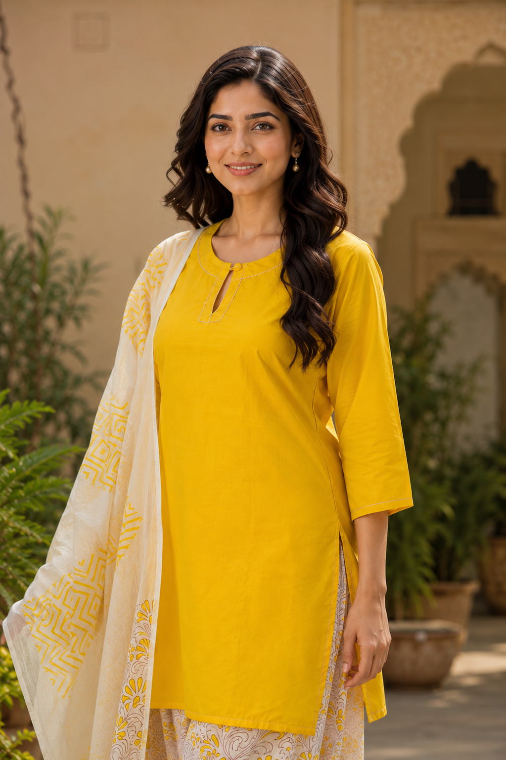 Sunshine Yellow Cotton Kurta Set with Printed Salwar & Dupatta – 3 Piece Ethnic Suit Set for Women