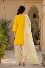 Sunshine Yellow Cotton Kurta Set with Printed Salwar & Dupatta – 3 Piece Ethnic Suit Set for Women