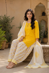 Sunshine Yellow Cotton Kurta Set with Printed Salwar & Dupatta – 3 Piece Ethnic Suit Set for Women