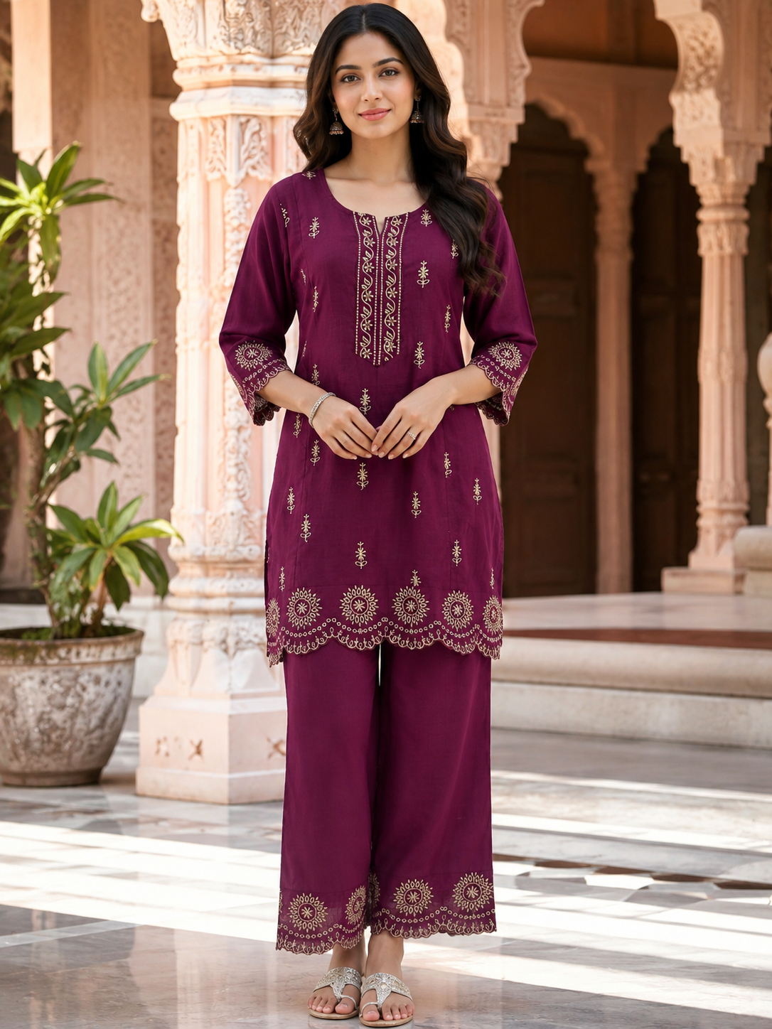 Wine Embroidered Cotton Slub 2 Piece Ethnic Co-ord Set | Kurta Pant Set for Women