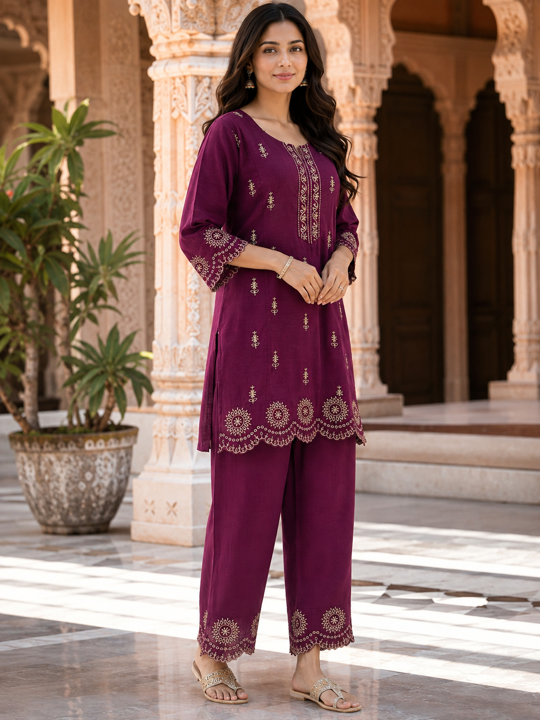 Wine Embroidered Cotton Slub 2 Piece Ethnic Co-ord Set | Kurta Pant Set for Women
