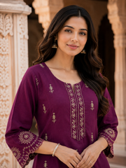 Wine Embroidered Cotton Slub 2 Piece Ethnic Co-ord Set | Kurta Pant Set for Women
