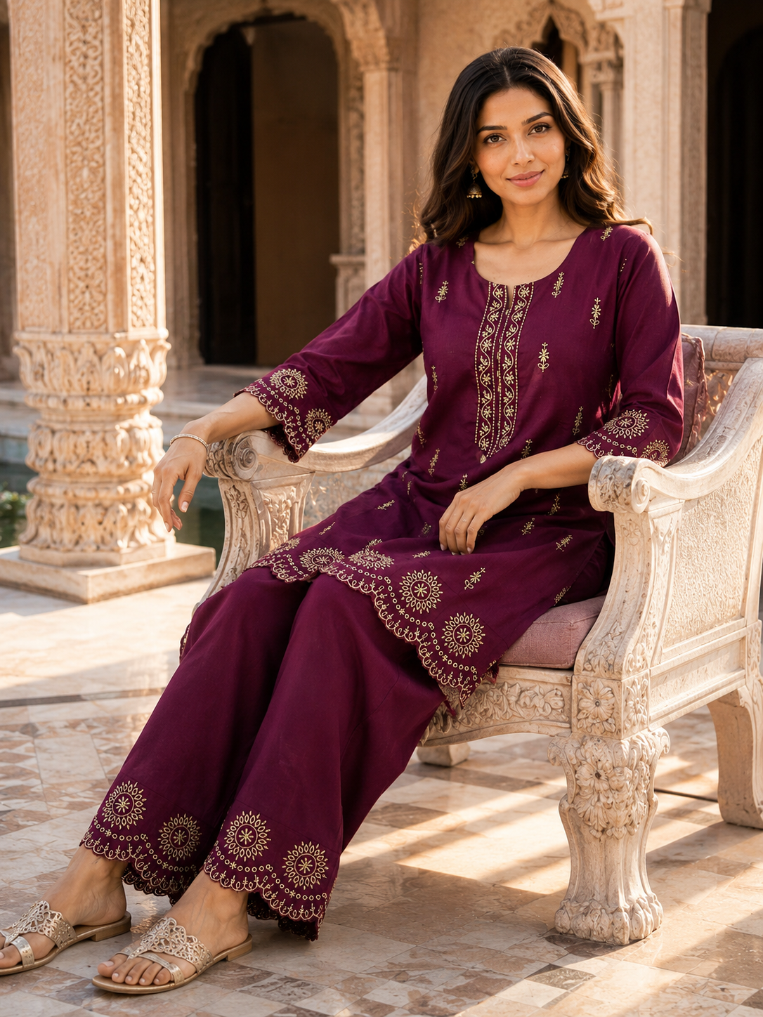 Wine Embroidered Cotton Slub 2 Piece Ethnic Co-ord Set | Kurta Pant Set for Women