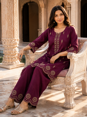 Wine Embroidered Cotton Slub 2 Piece Ethnic Co-ord Set | Kurta Pant Set for Women