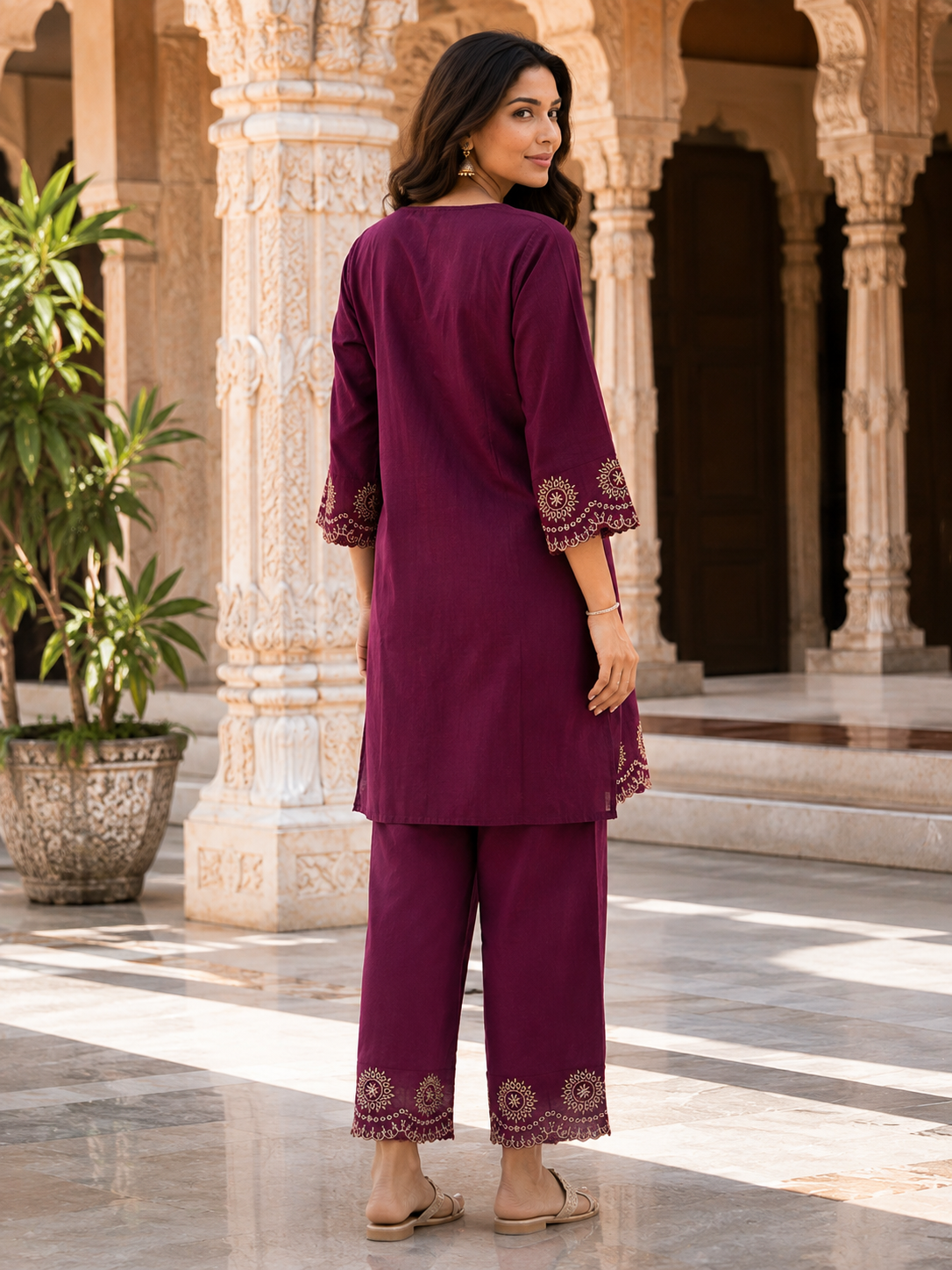 Wine Embroidered Cotton Slub 2 Piece Ethnic Co-ord Set | Kurta Pant Set for Women
