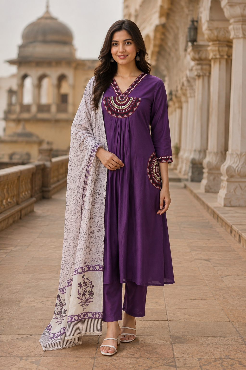 Purple Embroidered Cotton Kurta Set with Printed Dupatta for Women | Premium Ethnic Wear | Festive, Office & Casual Wear | Erisha