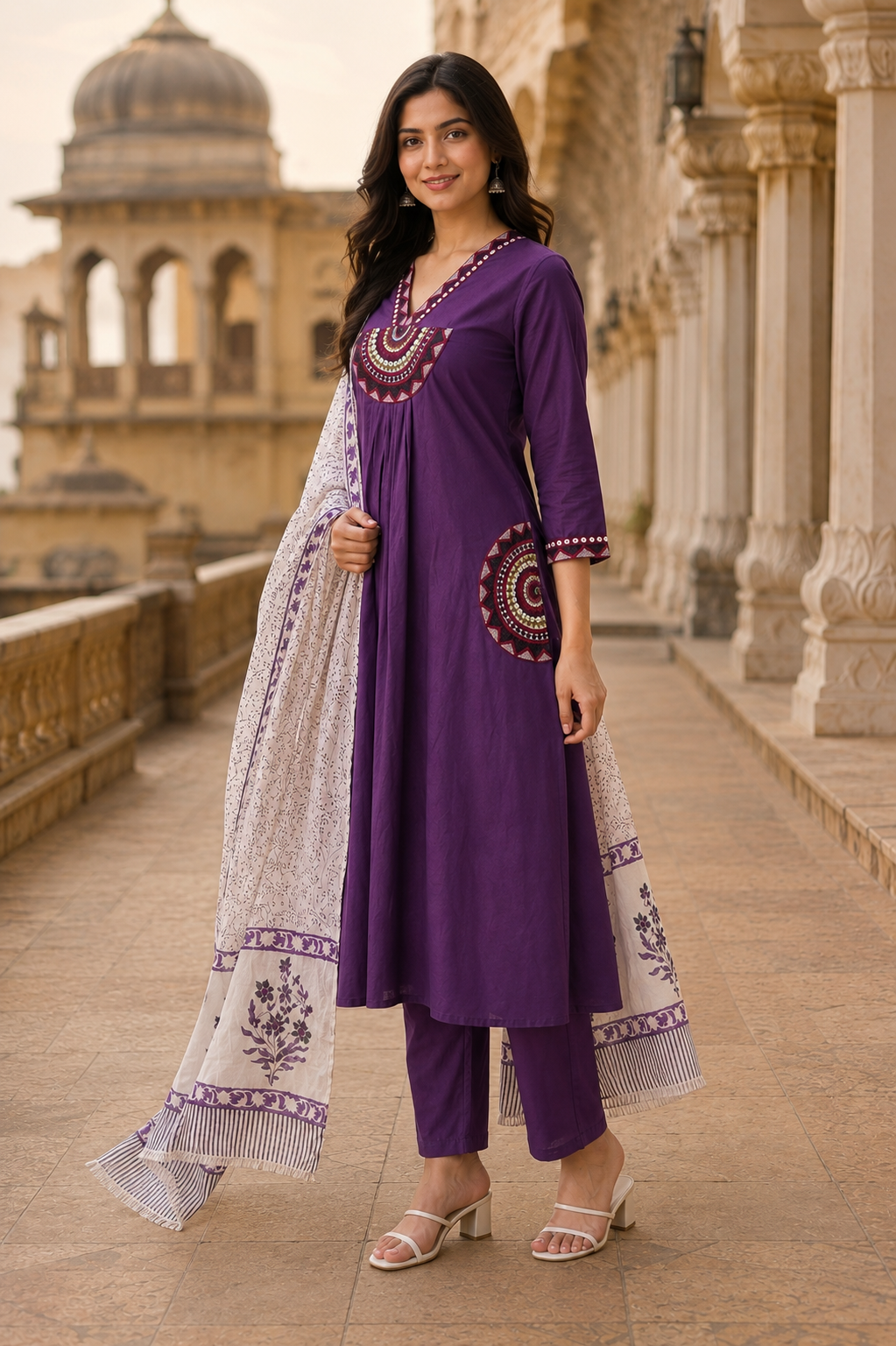 Purple Embroidered Cotton Kurta Set with Printed Dupatta for Women | Premium Ethnic Wear | Festive, Office & Casual Wear | Erisha