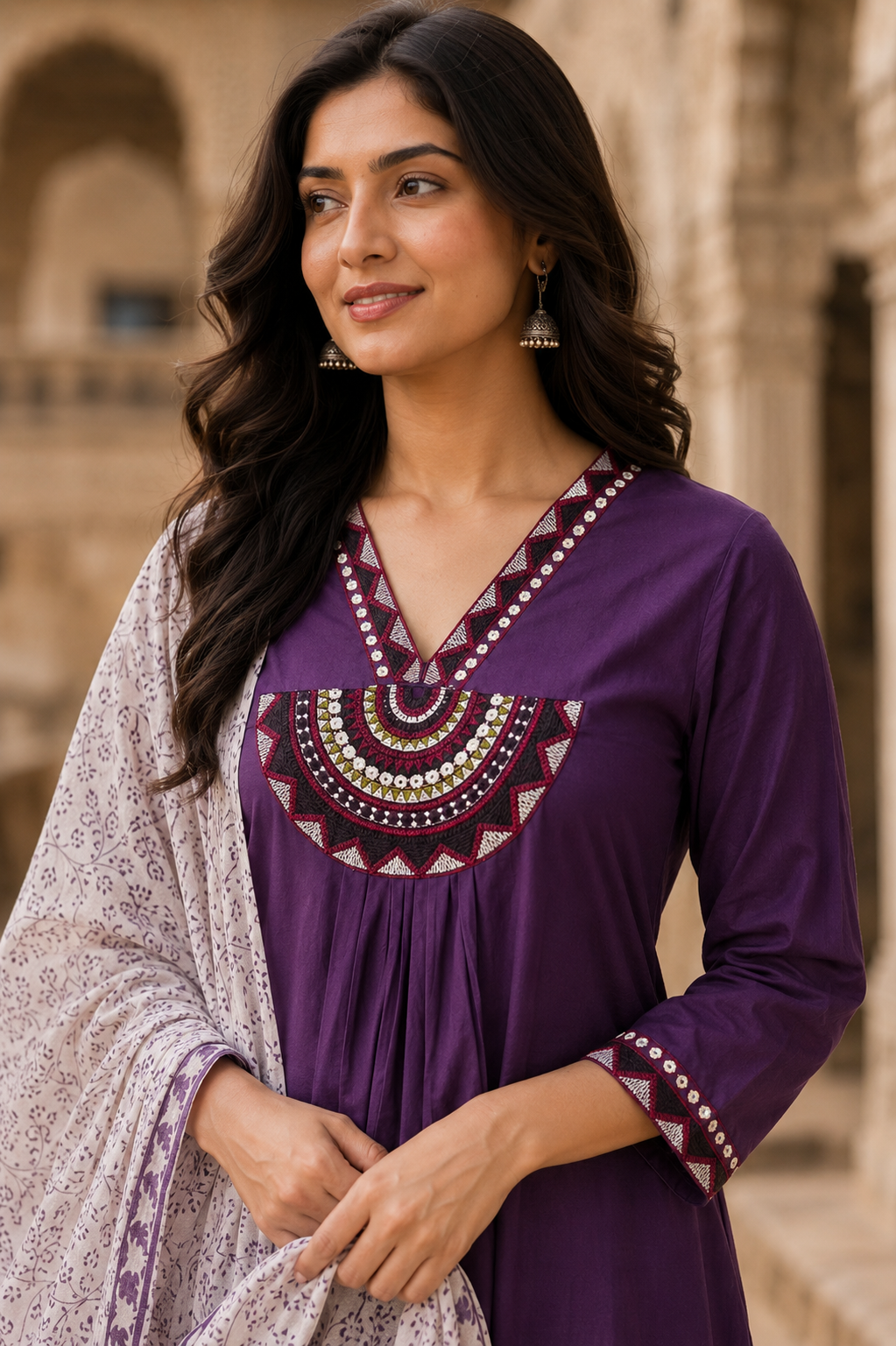 Purple Embroidered Cotton Kurta Set with Printed Dupatta for Women | Premium Ethnic Wear | Festive, Office & Casual Wear | Erisha