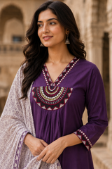Purple Embroidered Cotton Kurta Set with Printed Dupatta for Women | Premium Ethnic Wear | Festive, Office & Casual Wear | Erisha