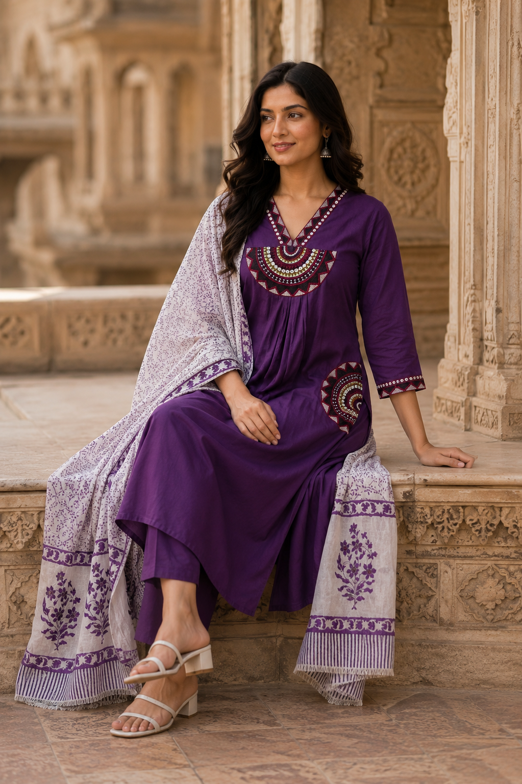 Purple Embroidered Cotton Kurta Set with Printed Dupatta for Women | Premium Ethnic Wear | Festive, Office & Casual Wear | Erisha