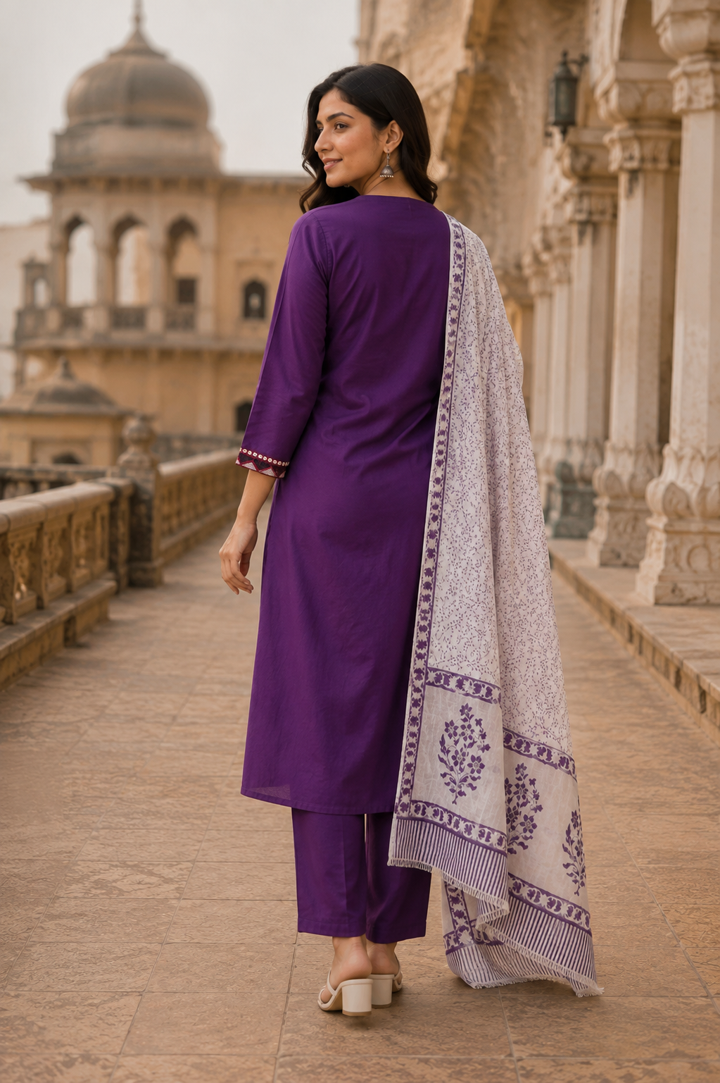 Purple Embroidered Cotton Kurta Set with Printed Dupatta for Women | Premium Ethnic Wear | Festive, Office & Casual Wear | Erisha