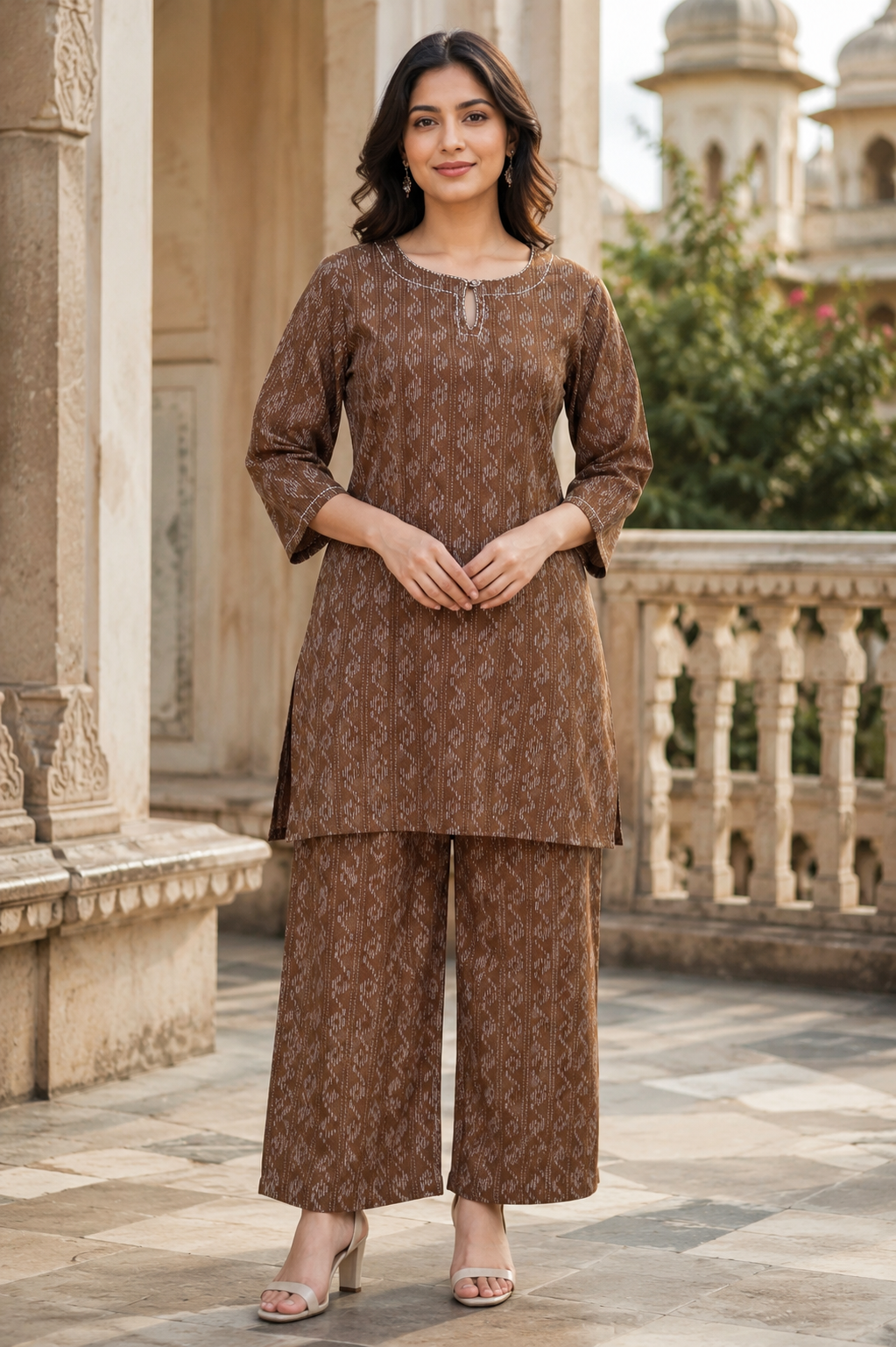 Brown Katha Cotton Co-Ord Set for Women | Premium Printed Kurta & Palazzo Set | Casual, Office & Travel Wear