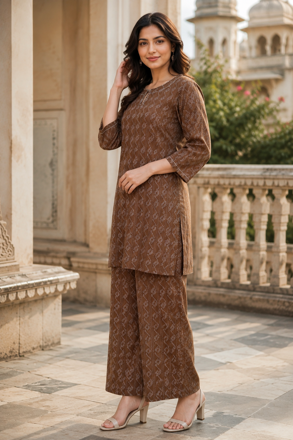 Brown Katha Cotton Co-Ord Set for Women | Premium Printed Kurta & Palazzo Set | Casual, Office & Travel Wear