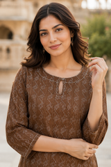 Brown Katha Cotton Co-Ord Set for Women | Premium Printed Kurta & Palazzo Set | Casual, Office & Travel Wear