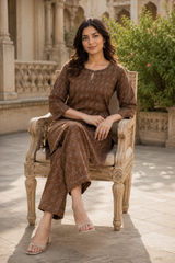 Brown Katha Cotton Co-Ord Set for Women | Premium Printed Kurta & Palazzo Set | Casual, Office & Travel Wear