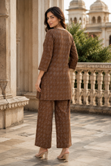 Brown Katha Cotton Co-Ord Set for Women | Premium Printed Kurta & Palazzo Set | Casual, Office & Travel Wear