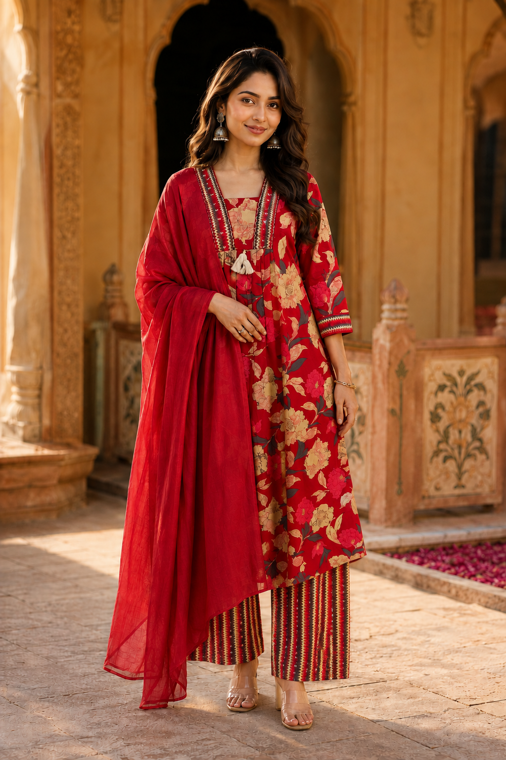 Red Floral Printed Cotton Kurta Set with Dupatta for Women | Designer Ethnic Suit Set | Festive, Wedding & Party Wear