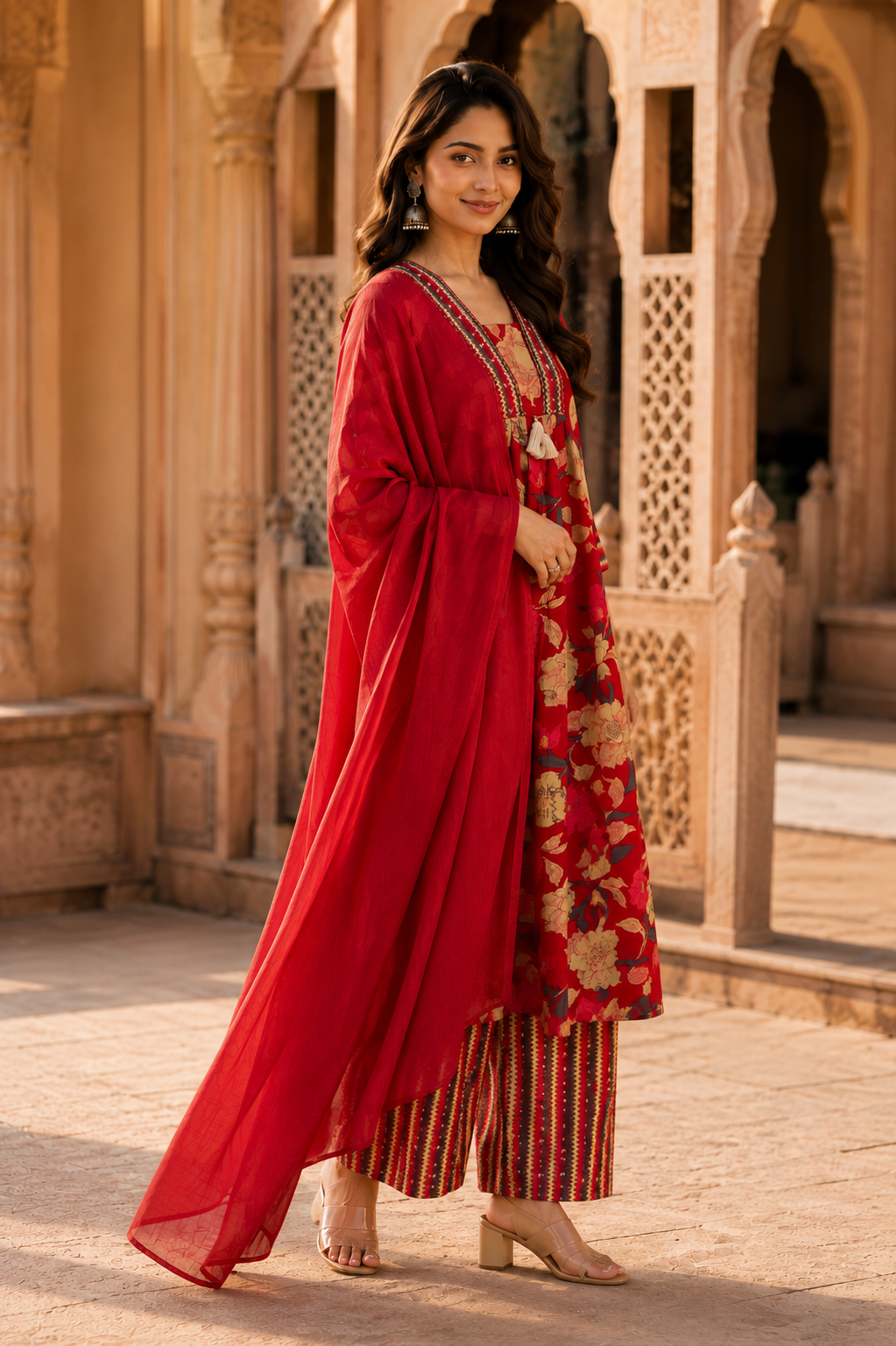 Red Floral Printed Cotton Kurta Set with Dupatta for Women | Designer Ethnic Suit Set | Festive, Wedding & Party Wear