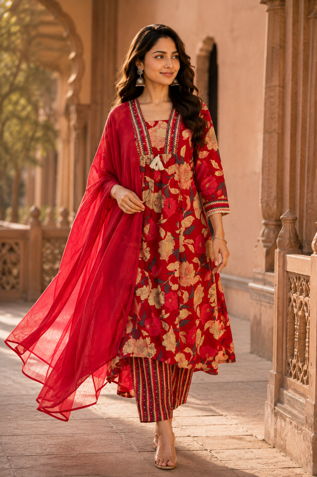 Red Floral Printed Cotton Kurta Set with Dupatta for Women | Designer Ethnic Suit Set | Festive, Wedding & Party Wear