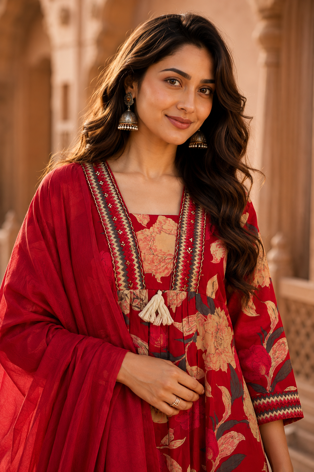 Red Floral Printed Cotton Kurta Set with Dupatta for Women | Designer Ethnic Suit Set | Festive, Wedding & Party Wear