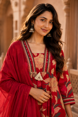 Red Floral Printed Cotton Kurta Set with Dupatta for Women | Designer Ethnic Suit Set | Festive, Wedding & Party Wear
