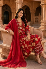 Red Floral Printed Cotton Kurta Set with Dupatta for Women | Designer Ethnic Suit Set | Festive, Wedding & Party Wear