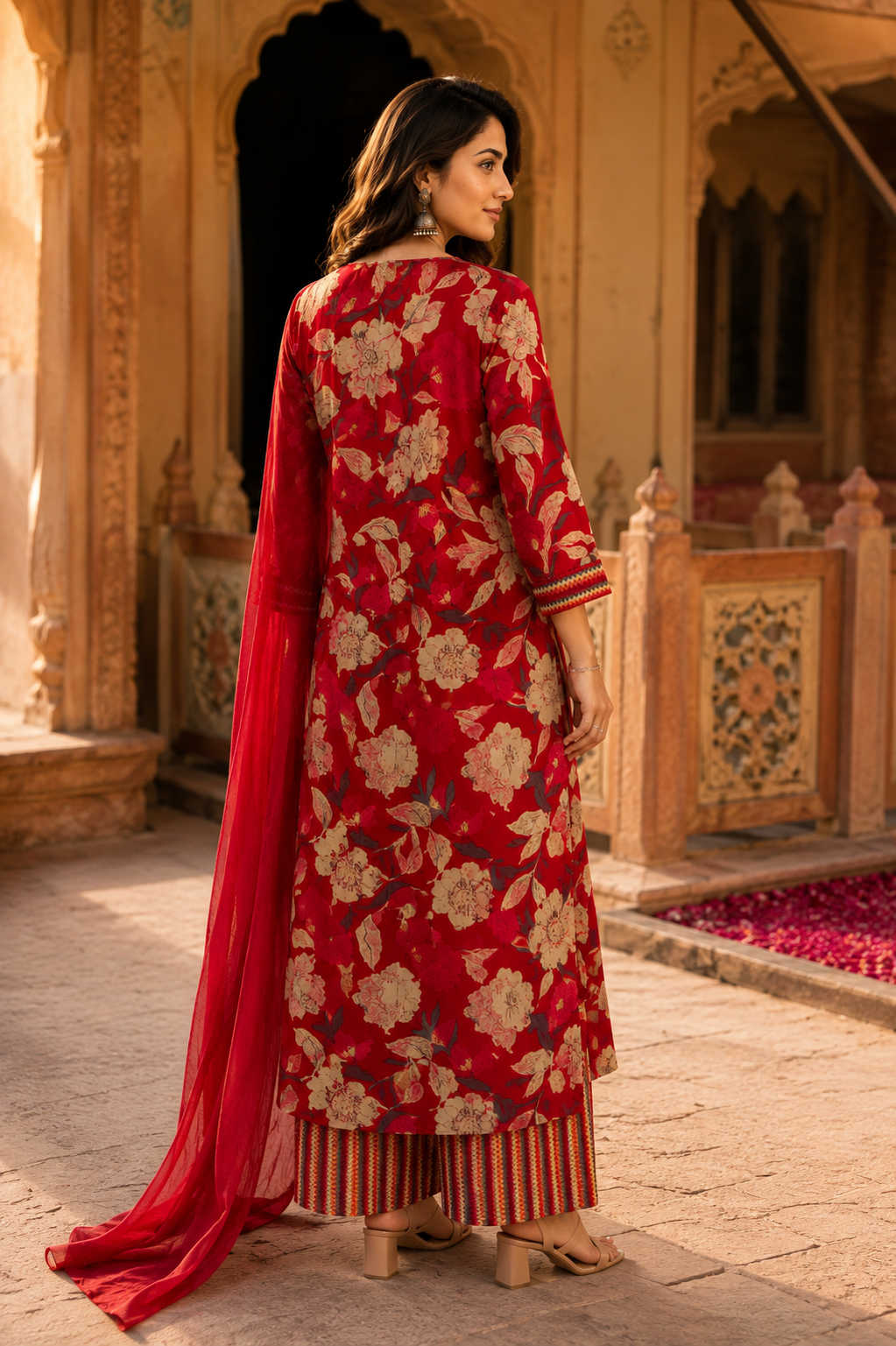 Red Floral Printed Cotton Kurta Set with Dupatta for Women | Designer Ethnic Suit Set | Festive, Wedding & Party Wear