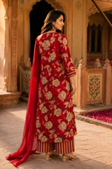 Red Floral Printed Cotton Kurta Set with Dupatta for Women | Designer Ethnic Suit Set | Festive, Wedding & Party Wear