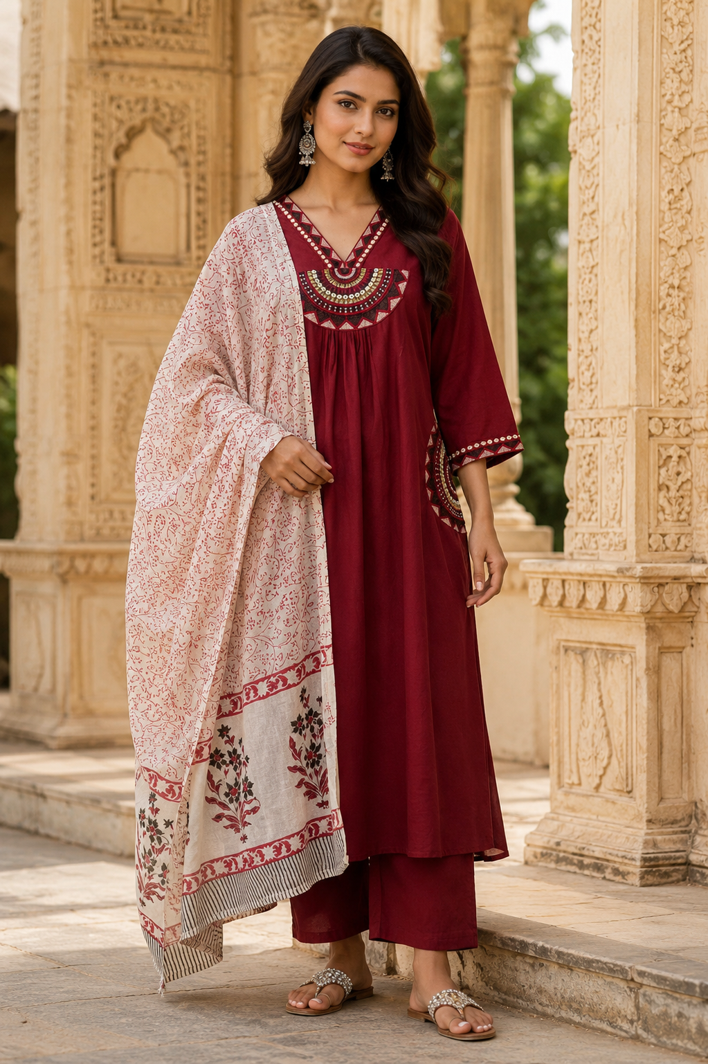Maroon Embroidered Cotton Kurta Set with Printed Dupatta for Women | Premium Ethnic Suit Set | Festive, Office & Casual Wear | Erisha