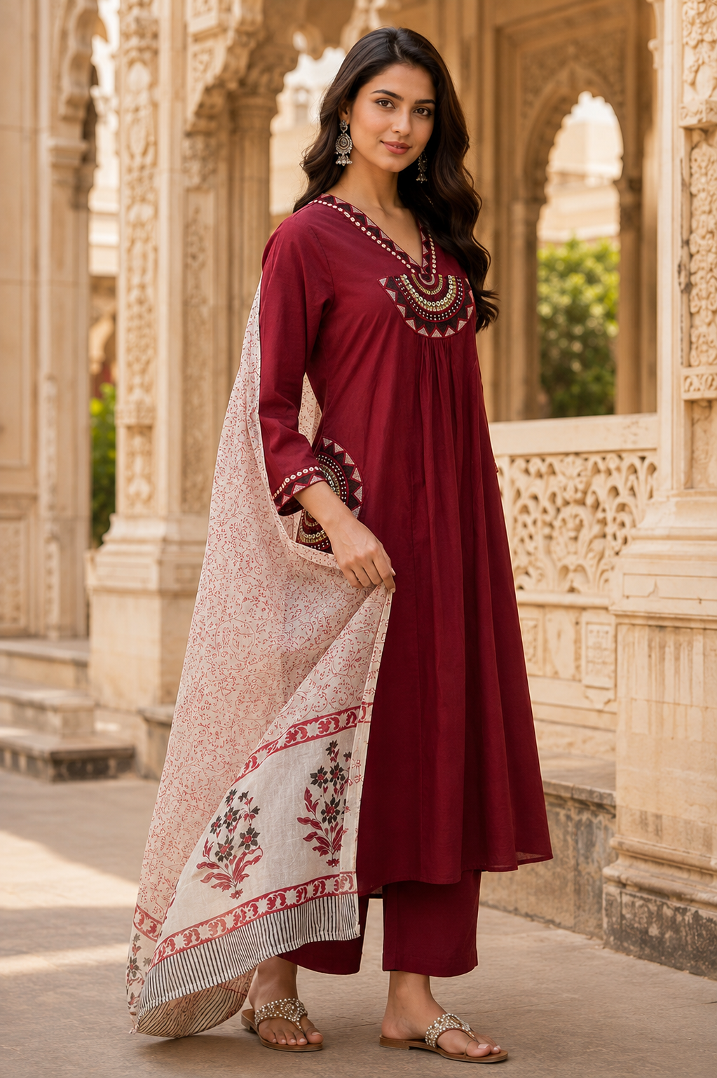 Maroon Embroidered Cotton Kurta Set with Printed Dupatta for Women | Premium Ethnic Suit Set | Festive, Office & Casual Wear | Erisha