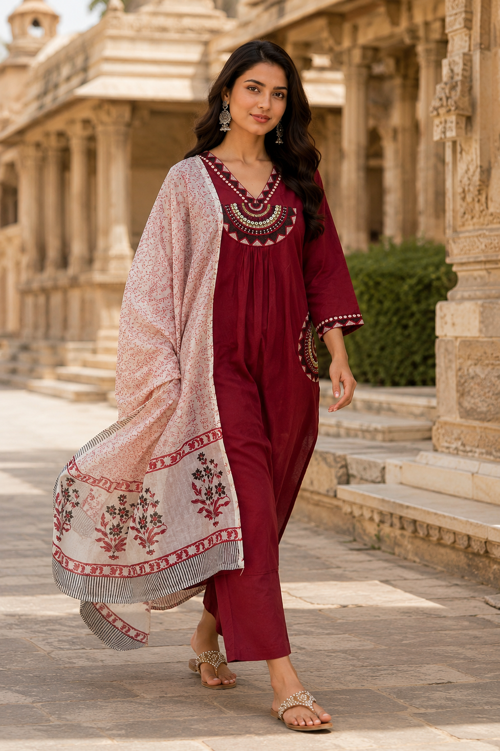 Maroon Embroidered Cotton Kurta Set with Printed Dupatta for Women | Premium Ethnic Suit Set | Festive, Office & Casual Wear | Erisha