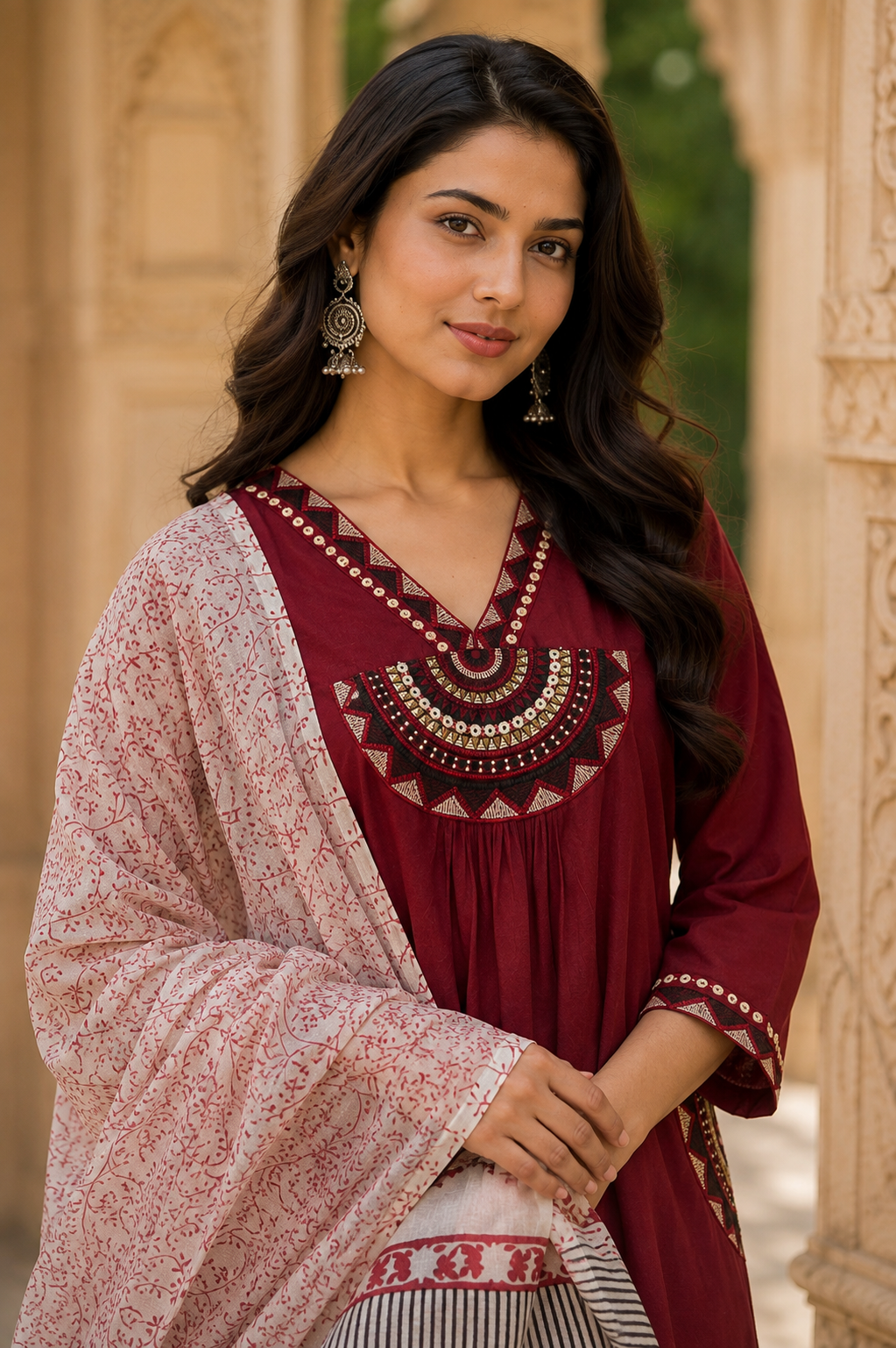 Maroon Embroidered Cotton Kurta Set with Printed Dupatta for Women | Premium Ethnic Suit Set | Festive, Office & Casual Wear | Erisha